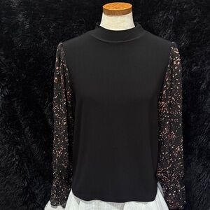 CeCe Black Blouse with Pink Floral Sleeves